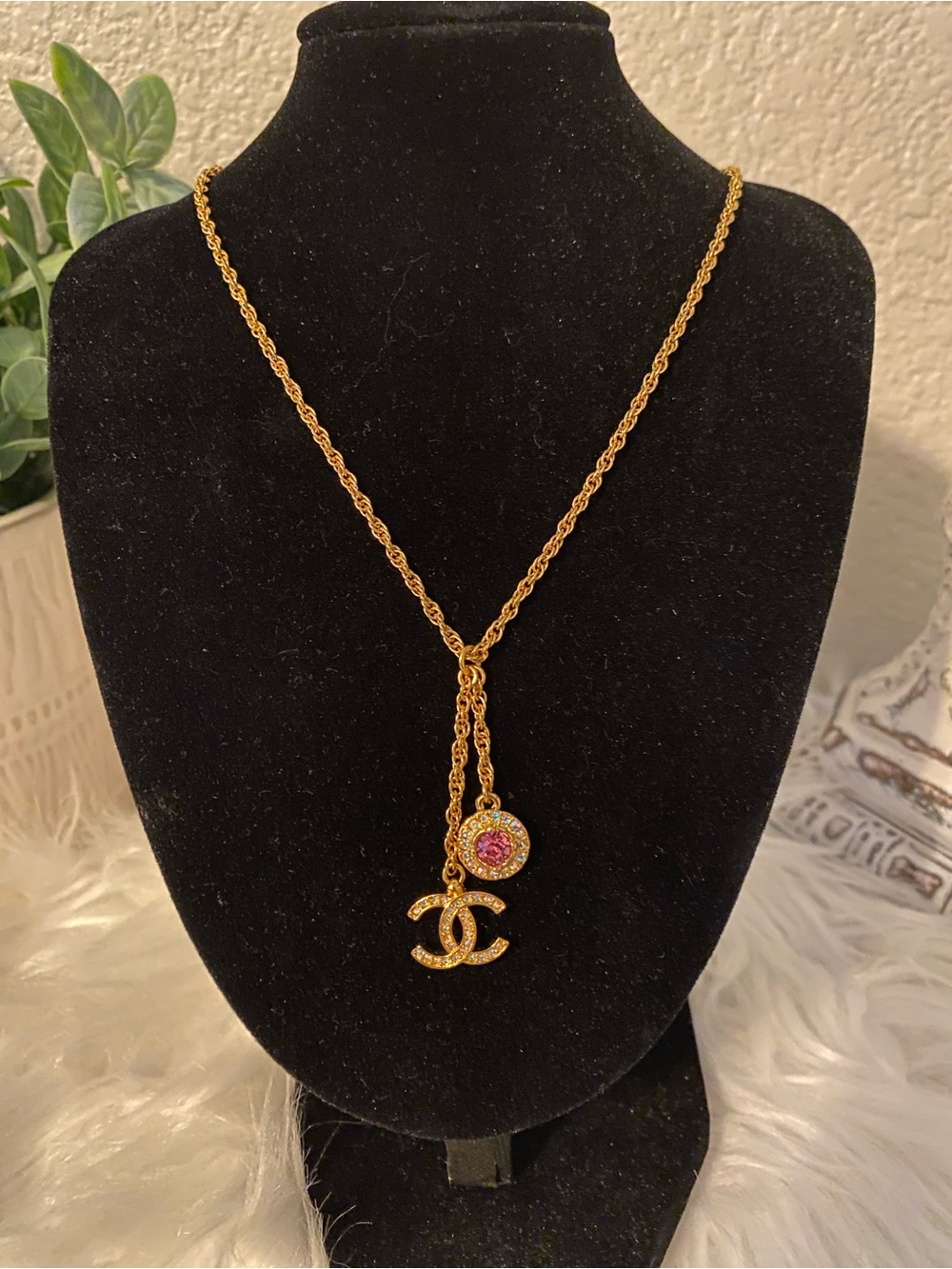 CHANEL Gold-Tone CC Logo Necklace with Pink Crystal Charm